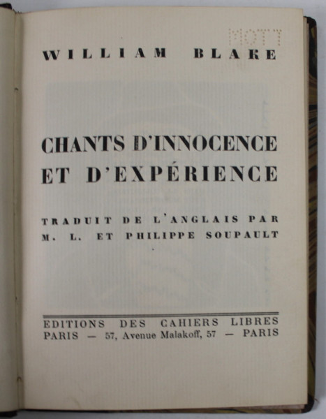 CHANTS D' INNOCENCE ET D 'EXPERIENCE par WILLIAM BLAKE, EXEMPLAR 314, O GRAVURA A AUTORULUI, 1927