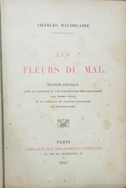 CHARLES BAUDELAIRE , LES FLEURS DE MAL ,PARIS 1917