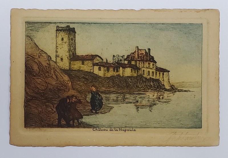 CHATEAU DE LA NAPOULE , GRAVURA COLOR de G. SCHLUMBERGER , TIP  CARTE POSTALA , INTERBELICA