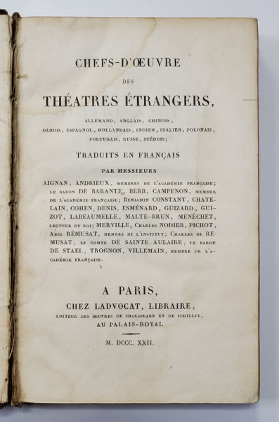 CHEFS - D'OEUVRE DES THEATRES ETRANGERS - PARIS, 1822