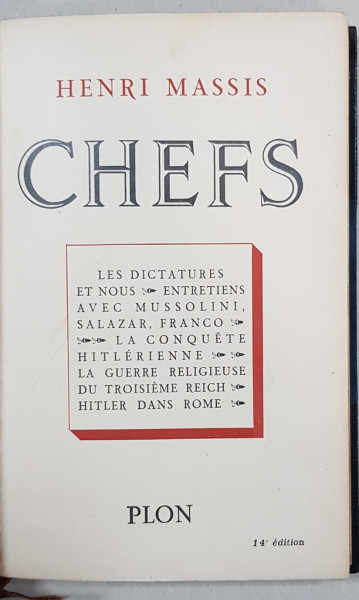 CHEFS par HENRI MASSIS - PARIS, 1939