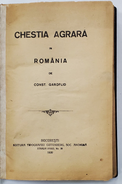 CHESTIA AGRARA IN ROMANIA de CONST. GAROFILD , 1920