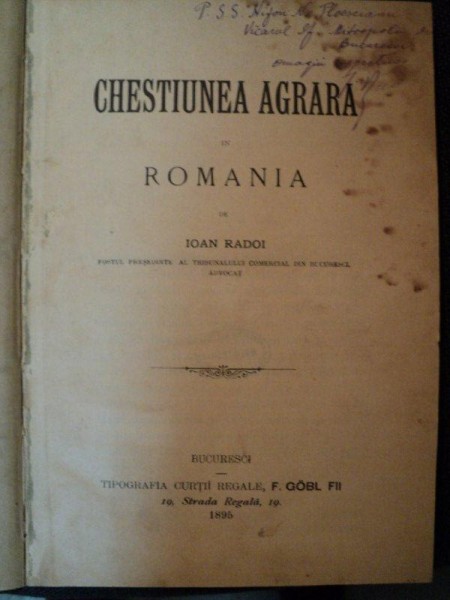 CHESTIUNEA AGRARA IN ROMANIA de  IOAN RADOI, BUC.1895
