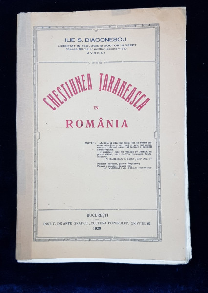 CHESTIUNEA TARANEASCA IN ROMANIA de ILIE DIACONESCU - BUCURESTI, 1928