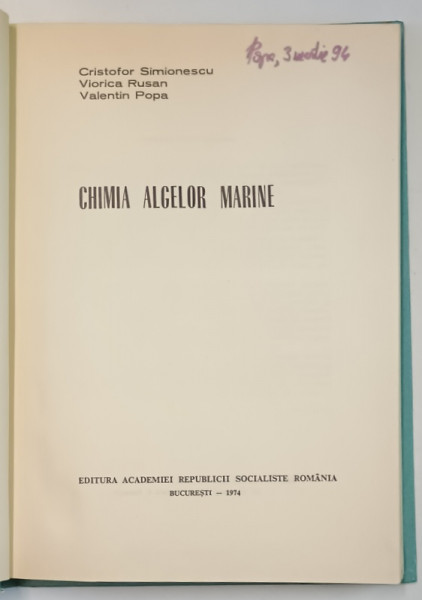 CHIMIA ALGELOR MARINE de CRISTOFOR SIMIONESCU, VIORICA RUSAN, VALENTIN POPA, 1974