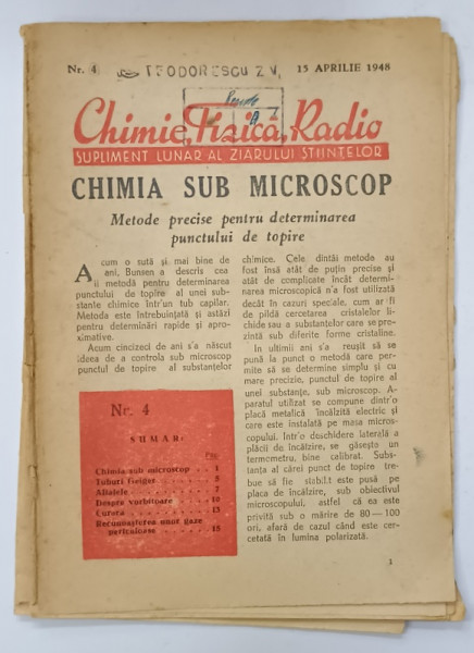 CHIMIE , FIZICA , RADIO  , SUPLIMENT LUNAR AL ZIARULUI STIINTELOR NR. 4 , 1948