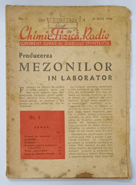 CHIMIE , FIZICA , RADIO  , SUPLIMENT LUNAR AL ZIARULUI STIINTELOR NR. 5 , 1948