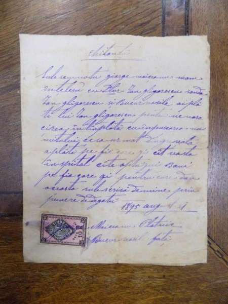 Chitanta pentru plata unor daune corporale prin impuscare, Bucuresti 1895
