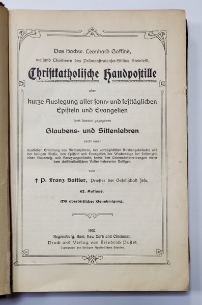 CHRISTKATOLISCHE HANDPOSTILLE , 1910 , TEXT IN LIMBA GERMANA , CU CARACTERE GOTICE