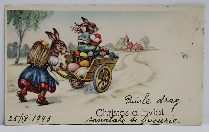 ' CHRISTOS A INVIAT ! ' , CARTOLINA FORMAT C.D.V. , FELICITARE DE PASTE , IEPURASI SI OUA VOPISTE  , 1943