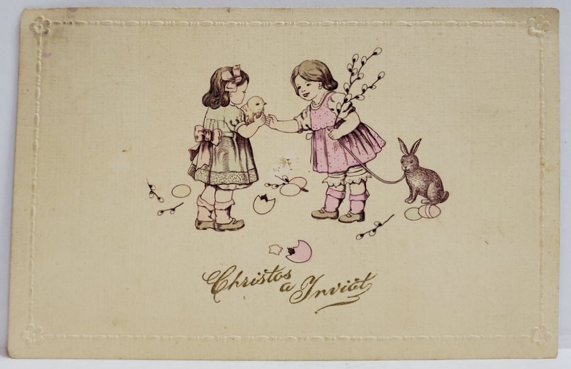 CHRISTOS A INVIAT ! FELICITARE COLORATA , CU LITERE AURII IN RELIEF , TIP CARTE POSTALA , 1912