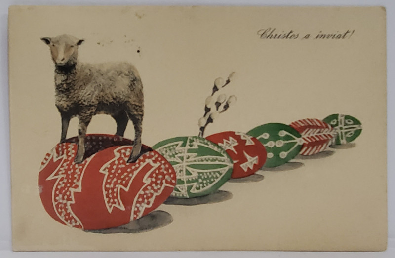 CHRISTOS A INVIAT ! FELICITARE DE PASTE CU OUA INCONDEIATE SI MIEL , CARTE POSTALA , 1915