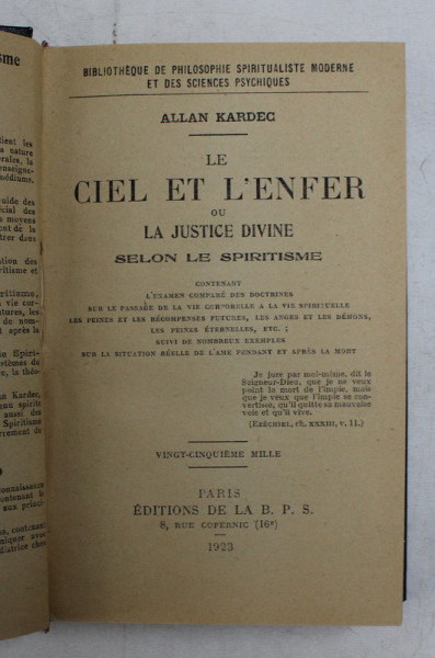 CIEL ET L 'ENFER OU LA JUSTICE DIVINE - SELON LE SPIRITISME par ALLAN KARDEC , 1923