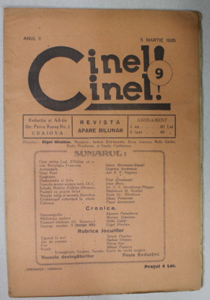 CINEL - CINEL , REVISTA BILUNARA , APARUTA LA CRAIOVA , ANUL II , NR. 9 , 5 MARTIE , 1935