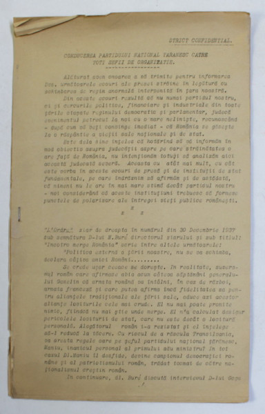 CIRCULARA A CONDUCERII PARTIDULUI NATIONAL TARANESC CATRE TOTI SEFII DE ORGANIZATIE - STRICT CONFIDENTIAL , 1938