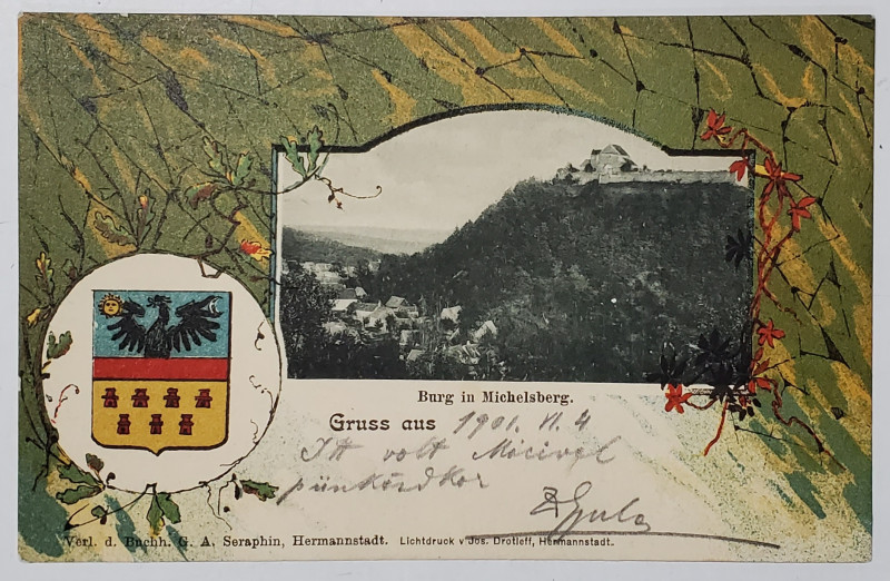 CISNADIOARA , VEDERE DE ANSAMBLU SI CETATEA , CU STEMA TRANSILVANIEI , CARTE POSTALA , CLASICA