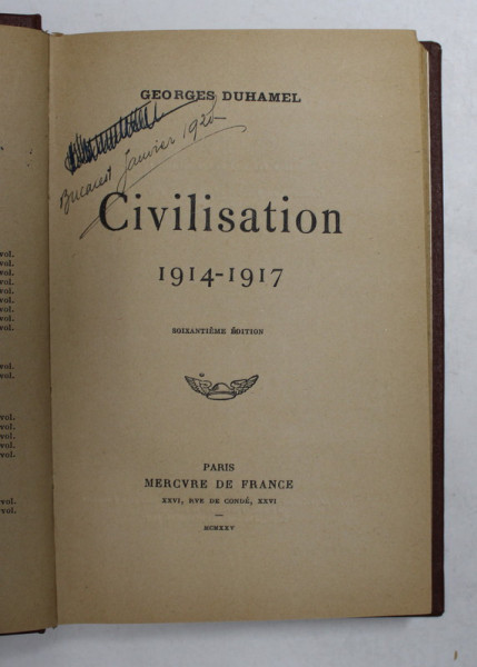 CIVILISATION 1914 - 1917 par GEORGES DUHAMEL , 1925