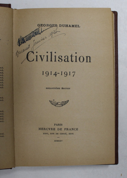 CIVILISATION 1914 - 1917 par GEORGES DUHAMEL , 1925