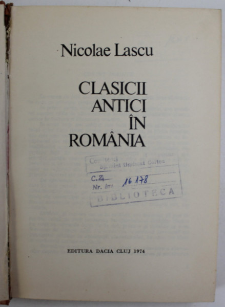 CLASICI ANTICI IN ROMANIA - NICOLAE LASCU  CLUJ 1974