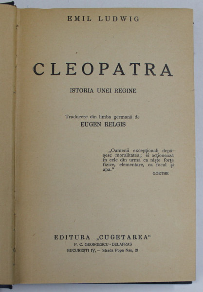 CLEOPATRA , ISTORIA UNEI REGINE de EMIL LUDWIG , 1937