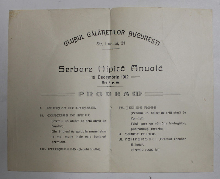 CLUBUL CALARETILOR BUCURESTI - SERBARE HIPICA ANUALA - PROGRAM , 19 DECEMBRIE , 1912