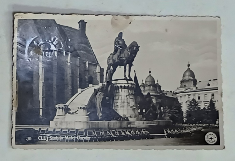 CLUJ , STATUIA LUI MATEI CORVIN ,FOTOGRAFIE FORMAT CARTE POSTALA , 1937