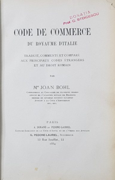 CODE DE COMMERCE DU ROYAUME D'ITALIE par Me JOAN BOML - PARIS, 1884