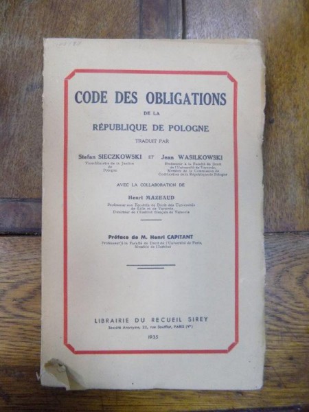 Codes des obilgations de la republique de Pologne, H. Mazeaud, Paris 1935