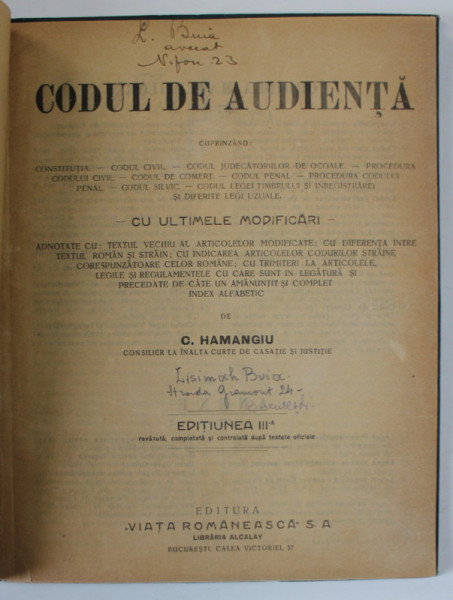 CODUL DE AUDIENTA de C. HAMANGIU , EDITIA A III -A , 1923 , VEZI DESCRIEREA !