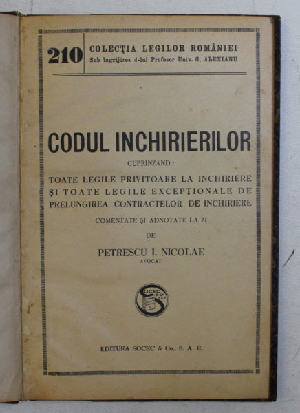 CODUL INCHIRIERILOR de PETRESCU I. NICOLAE , 1942