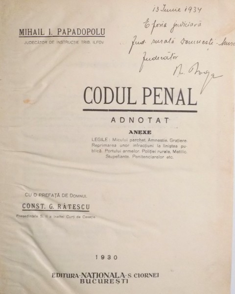 CODUL PENAL ADNOTAT de MIHAIL I. PAPADOPULU , 1930