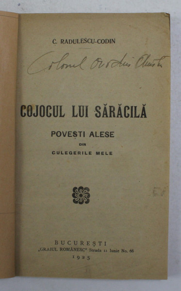 COJOCUL LUI SARACILA - POVESTI ALESE DIN CULEGERILE MELE de C. RADULESCU - CODIN , 1925