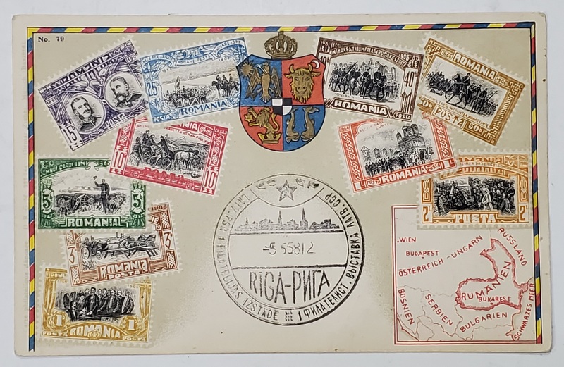COLAJ CU TIMBRE ROMANESTI  SI STEMA REGALA DIN PERIOADA REGELUI CAROL I , CROMOLITOGRAFIE , CU STAMPILA  EXPOZITIEI FILATELICE RIGA , 1958 , CARTE POSTALA ILUSTRATA , INTERBELICA
