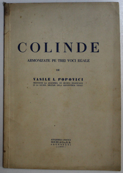 COLINDE ARMONIZATE PE TREI VOCI EGALE de VASILE I. POPOVICI , 1935