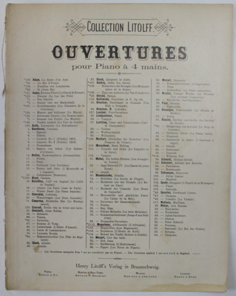 COLLECTION LITOLFF , OUVERTURES POUR PIANO A 4 MAINS : AFRIKANERIN ( L ' AFRICAINE ) von G. MEYERBEER , INCEPUT DE SECOL XX , PARTITURA