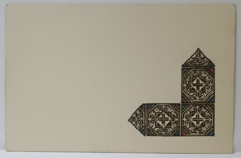 COLTAR CU MOTIVE ORNAMENTALE ROMANESTI , CARTE POSTALA , PICTATA MANUAL  , INCEPUTUL SEC. XX