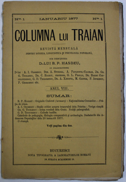 COLUMNA LUI TRAIAN - REVISTA MENSUALA PENTRU ISTORIA , LINGUISTICA SI PSICOLOGIA POPORANA , ANUL VIII , NR . 1 , IANUARIE , 1877