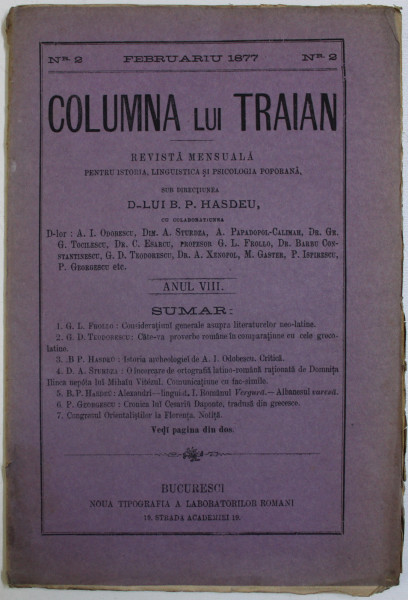 COLUMNA LUI TRAIAN - REVISTA MENSUALA PENTRU ISTORIA , LINGUISTICA SI PSICOLOGIA POPORANA , ANUL VIII , NR . 2 , FEBRUARIU , 1877