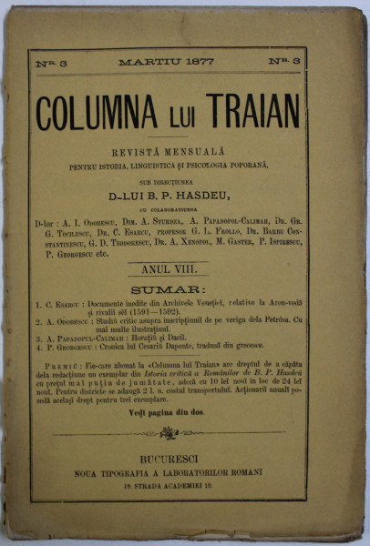 COLUMNA LUI TRAIAN - REVISTA MENSUALA PENTRU ISTORIA , LINGUISTICA SI PSICOLOGIA POPORANA , ANUL VIII , NR . 3 , MARTIU , 1877