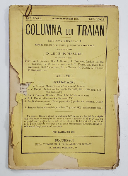 COLUMNA LUI TRAIAN , REVISTA MENSUALA PENTRU ISTORIA , LINGUISTICA SI PSICOLOGIA POPORANA , SUB DIRECTIUNEA D - LUI B.P. HASDEU , ANUL VIII , NR. 10 - 11 , OCT. - NOV. 1877