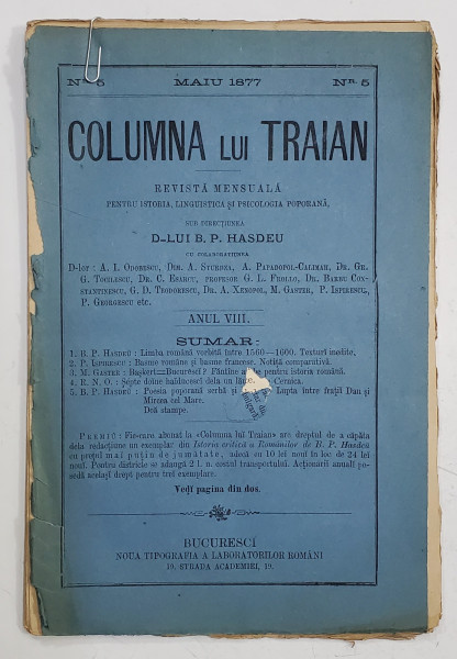 COLUMNA LUI TRAIAN , REVISTA MENSUALA PENTRU ISTORIA , LINGUISTICA SI PSICOLOGIA POPORANA , SUB DIRECTIUNEA D - LUI B.P. HASDEU , ANUL VIII , NR. 5  , MAI ,  1877