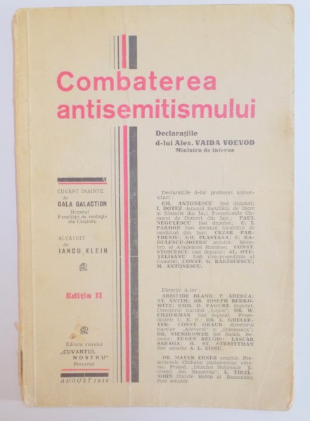 COMBATEREA ANTISEMITISMULUI , DECLARATIILE D-LUI ALEX. VAIDA VOEVOD , EDITIA A II A , 1930