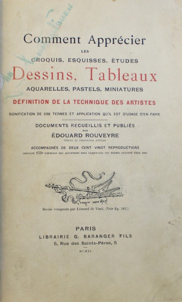 COMMENT APRECIER LES CROQUIS , ESQUISSES , ETUDES ,  DESSINS ,TABLEAUX , AQUARELLES , PASTELS , MINIATURES par EDOUARD ROUVEYRE , 1911