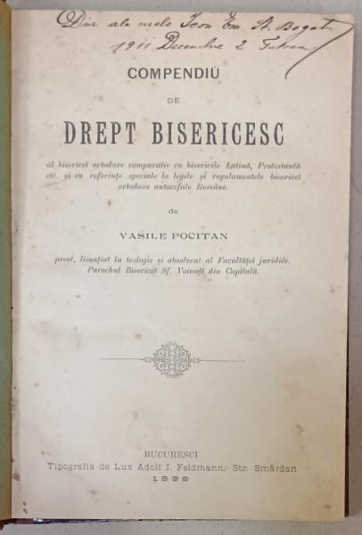 COMPENDIU DE DREPT BISERICESC de VASILE POCITAN , 1898 , URME DE UZURA