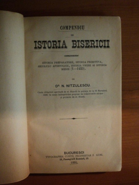 COMPENDIU DE ISTORIA BISERICII de N. NITZULESCU , Bucuresci 1881