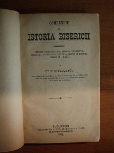 COMPENDIU DE ISTORIA BISERICII de N. NITZULESCU , Bucuresci 1881