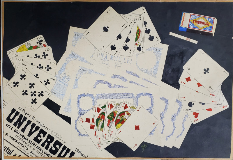 Compozitie cu Ziarul Universul, Bancnote si Carti de Joc