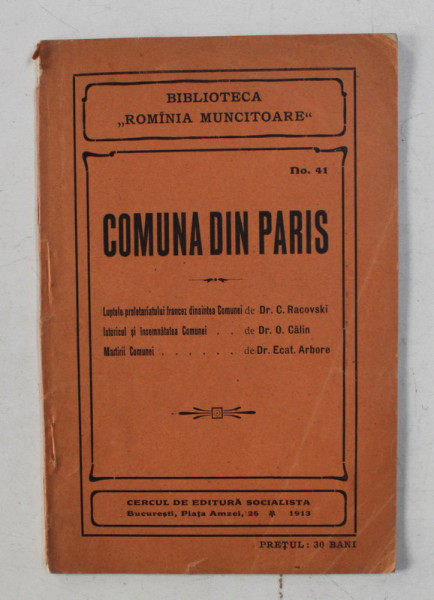 COMUNA DIN PARIS de C. RACOVSKI ...ECAT. ARBORE , 1913