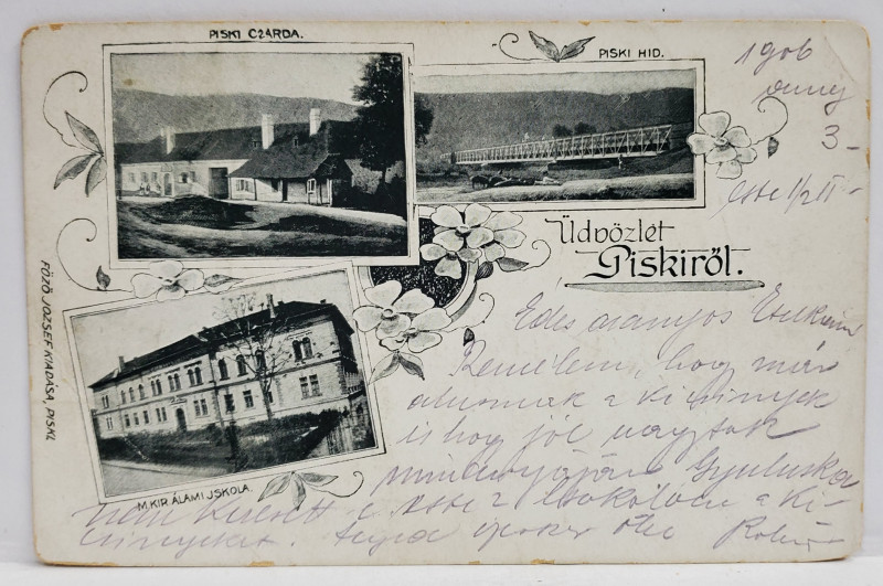 COMUNA PISCOLT , SATU MARE ., MONTAJ FOTO CU 3 OBIECTIVE DIN LOCALITATE , CARTE POSTALA ILUSTRATA , CLASICA , DATATA  1906