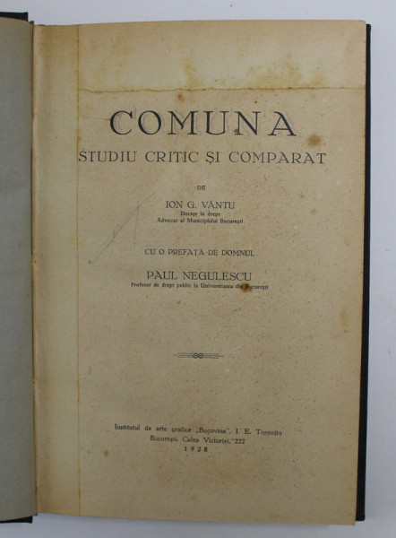COMUNA. STUDIU CRITIC SI COMPARAT de ION G. VANTU 1928